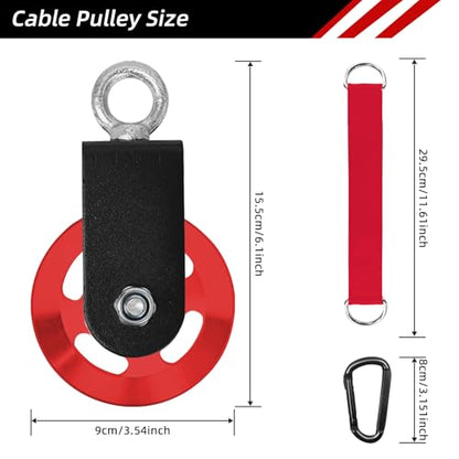LFJ Aluminum Alloy Cable Pulley with Swing Strap Carabiner, 90mm Pulley Wheel for LAT Pulley System DIY Pull Down Attachment,Ladder Lift,Home Gym Equipment - color: Red