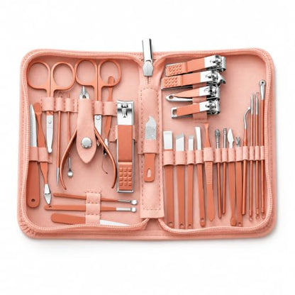 30pcs Professional Stainless Steel Manicure & Pedicure Kit Suitable for - Complete Nail Care with Nail Clippers, Cuticle Trimmer, Ear Spoon & Files, Portable Storage Case - Ideal for, Travel(Pink)