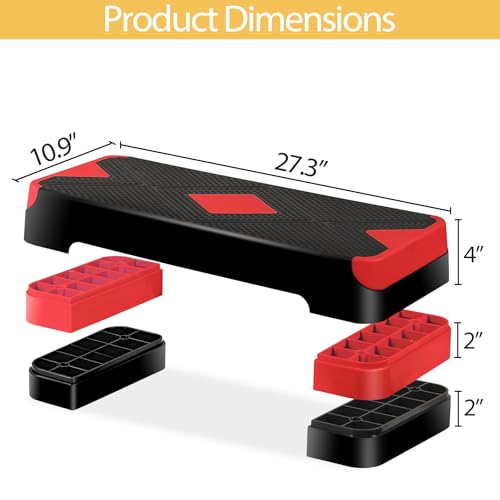 HomGarden Adjustable Workout Aerobic Stepper in Fitness & Exercise Step Platform Trainer Stepper w/Risers Adjust 4"-6''-8'' - color: Red