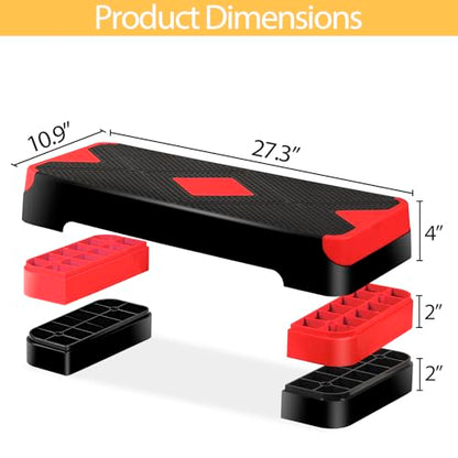 HomGarden Adjustable Workout Aerobic Stepper in Fitness & Exercise Step Platform Trainer Stepper w/Risers Adjust 4"-6''-8'' - color: Red