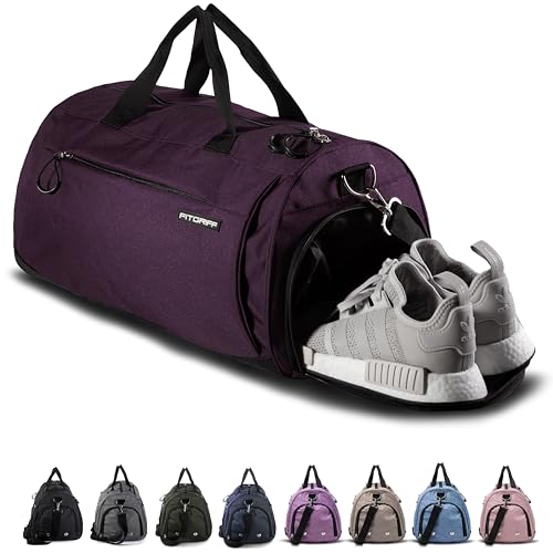 Fitgriff® Gym Bag for Men & Women with Shoe & Wet Compartment - Duffle Bag for Travel, Sports, Fitness & Workout - color: Mulberry, size: 19 x 10 x 10″ (Small)
