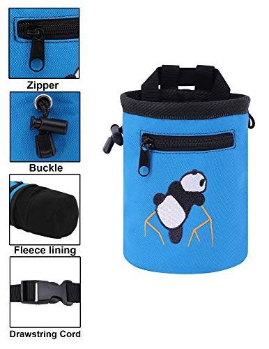 AMC Rock Climbing Panda Embroidered Chalk Bag with Zipper Pocket - color: Blue