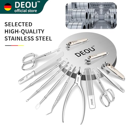 DEOU 13pcs Women Nail Grooming Kit Stainless Steel Professional Manicure Set Nail Care Tools with Luxurious Portable Travel Case Gift | Manicure Pedicure Kit for Men Women, Nail Care Cuticle Tools, Luxury Finger & Toe Nail Clipper Set, Grey Travel Case -