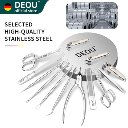 DEOU 13pcs Women Nail Grooming Kit Stainless Steel Professional Manicure Set Nail Care Tools with Luxurious Portable Travel Case Gift | Manicure Pedicure Kit for Men Women, Nail Care Cuticle Tools, Luxury Finger & Toe Nail Clipper Set, Grey Travel Case -