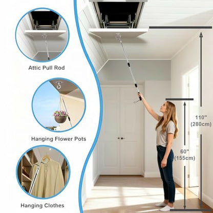 Telescopic Attic Pull Down Hook, 17" to 35" Adjustable Stainless Steel Pull Stick and Stainless Steel Pull Ring, Replacing Old-Fashioned Hanging Ropes on attic Stairs.