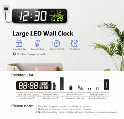 15.2" Gym Timer, App & Remote Control, Customizable LED Colors, Temperature, Date, Workout Interval Timer Stopwatch Countdown Large Digital Wall Clock for Home Gym Garage