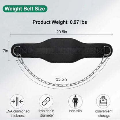 Dip Belt with Chain for Weightlifting, 33.5in Iron Chain, EVA Pad | 220lbs Load Load, Adjustable Fit, Anti-slip Support, Weighted Pull-ups Dips Squats, Unisex, Gym & Home Training