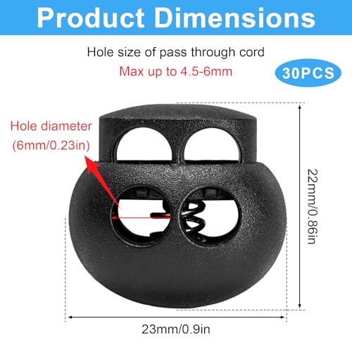30 PCS Black Plastic Spring Cord Lock Toggle, Double Hole Drawstring Cord Lock Stopper Fastener Slider for Paracord, Shoelace Lock, Elastic Rope, Lanyard, Hoodies and Bags
