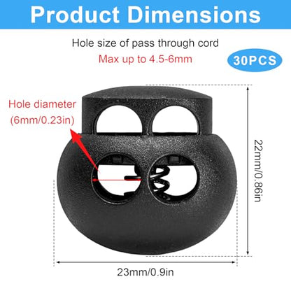 30 PCS Black Plastic Spring Cord Lock Toggle, Double Hole Drawstring Cord Lock Stopper Fastener Slider for Paracord, Shoelace Lock, Elastic Rope, Lanyard, Hoodies and Bags