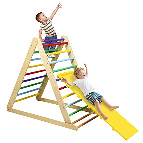 HONEY JOY Triangle Climber with Ramp, 2-in-1 Indoor Toddler Climbing Triangle Set with Ladder & Slide, Foldable Wooden Kids Climbing Toys for Playground, Gym & Daycare, Gift for Boys Girls (Colorful) - color: Colorful