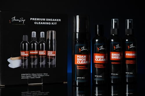 Shoe Cleaner Kit with Foam & All Fabric Cleaner, Shoe Shield Liquid, Deodoriser, Brush & Towel. Suitable for all types Suede, Sneakers, Canvas, Leather, Mesh, Woven, Knitted Shield,