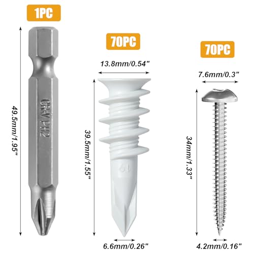 KURUI 140Pcs #8 Self Drilling Drywall Anchors with Screws Kit, Heavy Duty Dry Wall Anchors for Hanging Sheetrock, 50 Self-Tapping Plastic Drywall Hangers 50 Sheet Rock Screws, Mounting Hardware -75LB