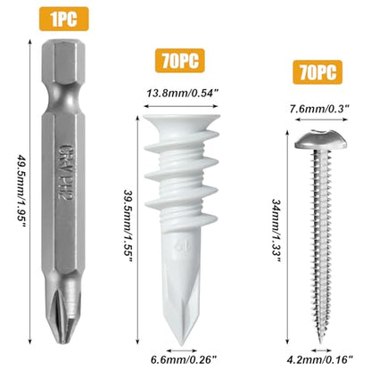 KURUI 140Pcs #8 Self Drilling Drywall Anchors with Screws Kit, Heavy Duty Dry Wall Anchors for Hanging Sheetrock, 50 Self-Tapping Plastic Drywall Hangers 50 Sheet Rock Screws, Mounting Hardware -75LB