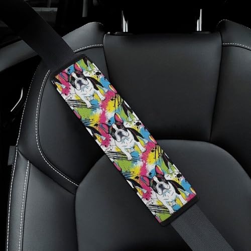 2 Pack Universal Fit Car Seat Belt Pad for Adult Use, All Vehicles, Colorful Boston Terrier Seat Belt Covers Cushion, Anti-Slip Pad - color: Pattern 1205