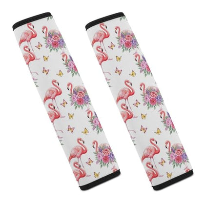 1 Pair Soft Padded Seat Belt Cover for Child, Most Cars, Flamingo Floral Tropical Pink Bird Hibiscus Leaves White Shoulder Harness Cover, Neck and Shoulder Support - color: Pattern 965