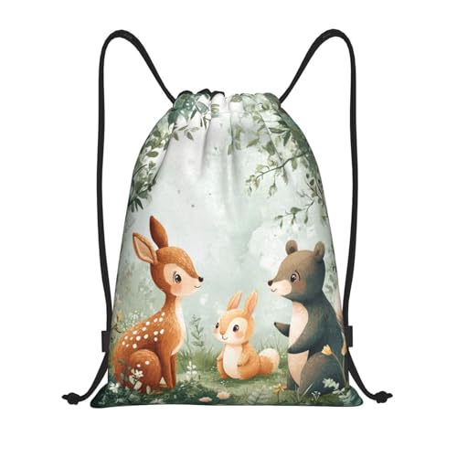 Drawstring Sports Backpacks - Lightweight Swim Gym Bags for Women Men String Sackpack for Beach Travel Yoga(Medium, Forest Animals Deer Rabbits) - color: Forest Animals Deer Rabbits, size: Medium