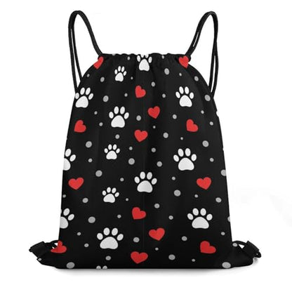 Swimming Drawstring Sack Waterproof Gym Backpack for Beach Sports Yoga Gear, Lightweight Unisex, Paw Prints And Hearts On Black Bags - color: Picture (31)