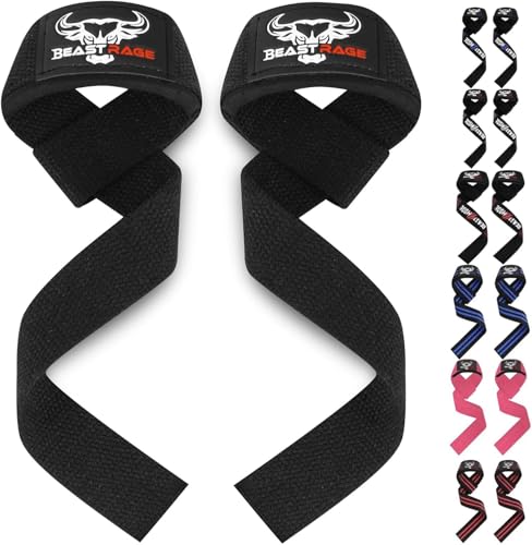 BEAST RAGE Lifting Wrist Straps for Weightlifting, Straps Gym Grip Power Workouts Lifting Straps Padded Neoprene & Premium Cotton Men Women, Deadlift Bodybuilding Exercise Lifting Straps - color: Black