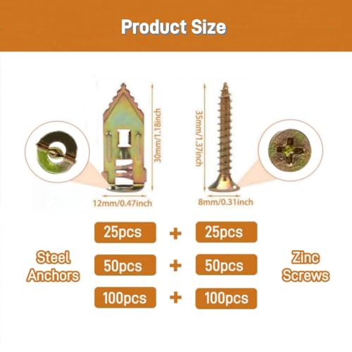 Self Drilling Drywall Anchors with Screws Kit, Premium Zinc Plated Steel Hollow Wall Anchors and Screws for Fixing TV, Cabinet, Curtains, 0.47"x1.18" Anchor & 0.31"x1.37" Screws (50pcs)