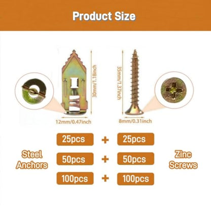 Self Drilling Drywall Anchors with Screws Kit, Premium Zinc Plated Steel Hollow Wall Anchors and Screws for Fixing TV, Cabinet, Curtains, 0.47"x1.18" Anchor & 0.31"x1.37" Screws (50pcs)