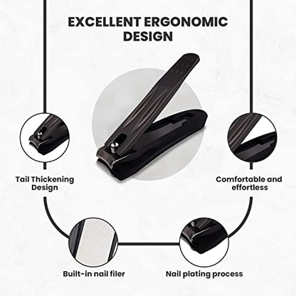 Precision Nail Clippers with Nail Catcher No Splash, Black Stainless Steel Manicure Tools