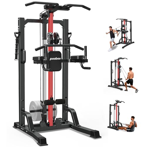 Pull Up Bar Power Tower Dip Station with Cable Machine, 450LB Home Gym | Pull up bar, dip station and 16-position cable system for pull ups, dips, lat pulldowns, rows and full-body training - color: Black-04