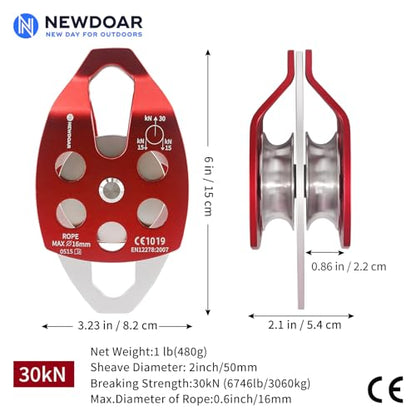 NewDoar 30 KN CE Certified Large Rescue Pulley Single/Double Sheave with Swing Plate - color: Double Pulley - Red 1pcs