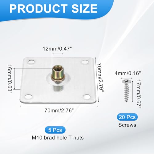 uxcell 5Pcs M10 Brad Hole t Nut, 70mm/2.8inch Square Base Weld Nuts Flange Insert Female Thread with Mounting Screws for Wood Furniture - size: M10