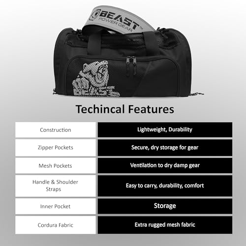 Beast Power Gear Gym Duffle Bag - Workout, Boxing, MMA, Sports Bag with Shoes Compartment and Adjustable Shoulder Strap for Men and Women (Black/White) - color: Black/White