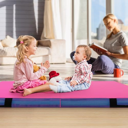 Goplus 4" Thick Folding Gymnastic Mat, Thickened Bi-Fold Fitness Mat with Carrying Handles & PU Leather Cover, Home Gym Tumbling Mat for Stretching, Pilates, Aerobics Workouts - color: Rose&Blue