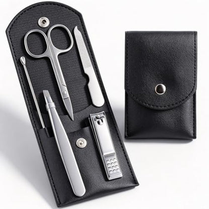 HANTEKAS Travel Manicure Set Professional Nail Clipper Kit-5 Pieces Stainless Steel Manicure Kit, Women Men Grooming kit With Nail Care Tools Beauty Scissors Tweezers (Silver Black) - color: Black