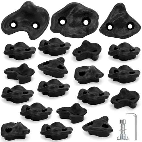 Rock Climbing Holds, 20 Pack Black Wall Climbing Rocks Adult Outdoor Indoor | 3-Shapes Large Wall Climbing Holds Grips, Workout Climb Training Pegs Accessories for Climbing Frames, Tree Houses, Playroom