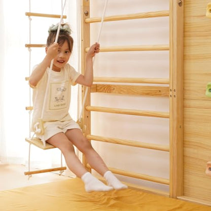 Avenlur Walnut Modular 9-in-1 Swedish Ladder Wall Gym, Kids Climbing Wall | 94.5-Inch Modular Indoor Playground & Jungle Gym: Rock Climbing Wall for Kids, Monkey Bars, Slide, Swing, Rope Net