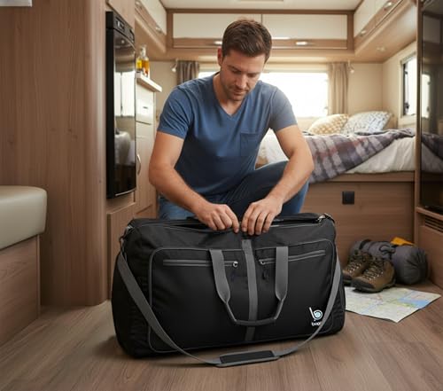 Bago 80L Travel Duffle Bag - Foldable Weekender Bag For Women & Men - Lightweight tier-resistant waterproof Shoe Pocket (Black) - color: Black, size: 80L