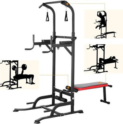 Arlopu Multi-Function Power Tower with Folding Bench 4 Training Ropes | Pull Up Bar Stand with Adjustable Heights and Angles, Heavy-duty Frame, 400LBS Capacity, Home Gym Full-body Strength Training
