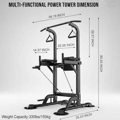 Freestanding Power Tower Dip Station, Adjustable Pull Up Bar for Home Gym with Backrest & Resistance Bands, 450 LBS Heavy Duty Multi-Function Calisthenics Workout Equipment for Adults & Teens