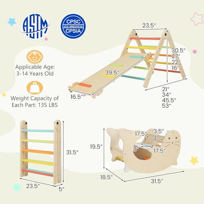 Costzon Climbing Toys for Toddlers, Foldable Montessori Wooden Arch Climber Ladder with Sliding Ramp, Play Table, Multi-Combination Methods, Kids Triangle Climber Play Gym Set for Boys Girls Present - style: 7 in 1 Arch Climber Ladder, Rainbow