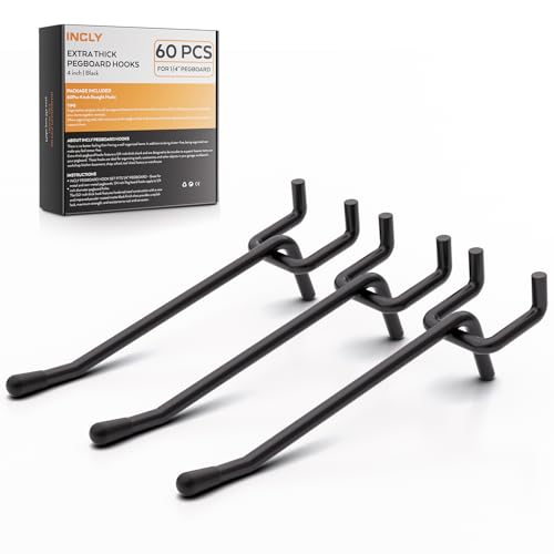 INCLY 60 Pack 4 Inch Black Pegboard Hooks, 1/4" Heavy Duty Peg Board Shelving Hooks Accessories, Peg Board Tool Hangers Only Fit 1/4" Pegboard Hanging Tools Garage, Craft Organizing, Kitchen, Store - color: Black, size: 4inch-60pcs