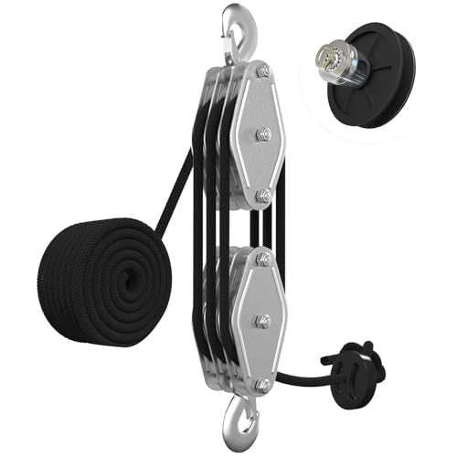 YATOINTO Rope Pulley Hoist with Bearing, 2200 LB Pulley Block and Tackle System 6:1 Power, Pulley Block 1100LB Loading Capacity, 50ft Heavy Duty Rope Hoist for Hunting Garage Warehouse Constructions - color: black, size: UPGRADED-3wheels