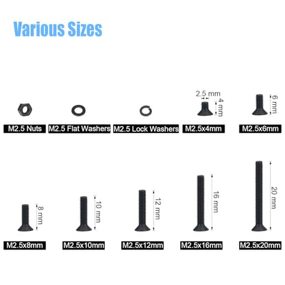 DYWISHKEY 566 Pieces M2.5 Black Screws, 10.9 Grade Alloy Steel M2.5X 4/6 /8/10 /12/16 /20mm Countersunk Head Socket Cap Screws Bolts Nuts Washers Assortment Kit - size: M2.5, style: Countersunk Head Socket Cap