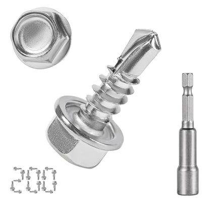 QSJ 200PCS Sheet Metal Screws Assortment Kit Hex Washer Head Truss Head 410 Stainless Steel Fast Self Tapping Screws with Screwdriver Bit Silver - color: Hex & Truss #8 Kit 2（200）