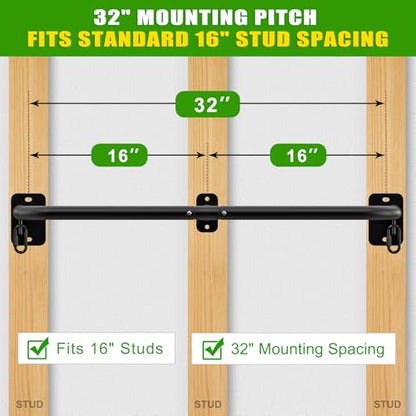 SELEWARE 32"/36" Wall Mount Pull Up Bar Joist Mount Chin Up Bar for Doorway | Heavy Duty Steel Construction Support 450 lb, w/Resistance Band Hooks, Fits 32"/36" Wall Studs for Home Gym Strength Training - size: A: 32" x 1.3" Dia Grip