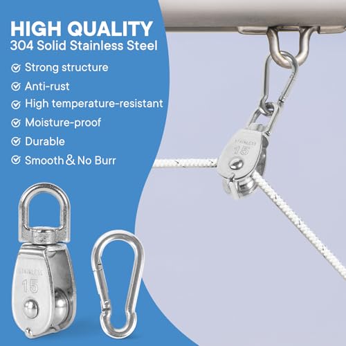 10x 304 Stainless Steel M15 Single Swivel Rope Pulley Blocks w/Snap Hooks | 360° anti-twist swivel pulley. For lifting, towing & hanging wire rope on crane/outdoor. Has spring snap hooks for fast fit - size: M15-10pcs