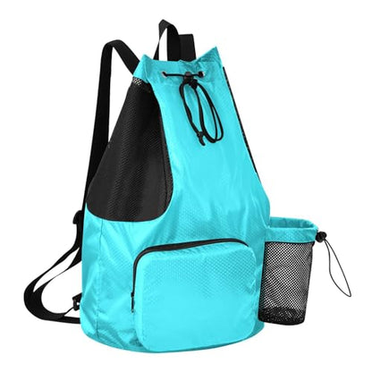 Yuiboo Cyan Solid Color Drawstring Bags Climbing Gym Bag with Water Bottle Holder Pull String Back Pack Wet and Dry Separation