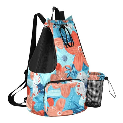 Flowers Turquoise and Coral Draw String Back Bag Climbing Gym Bag With Water Bottle Holder Waterproof