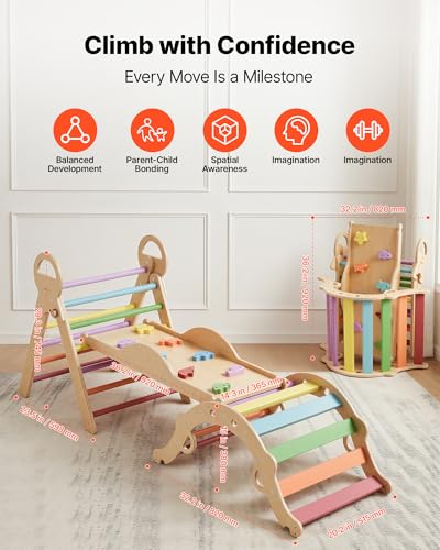 VEVOR Pikler Triangle Set, 9-in-1 Toddler Climbing Toys Indoor, with Xylophone, Cushion, Triangle, Arch, and Ramp, 150 lbs Load, Foldable Montessori Climbing Set for Toddlers and Kids, Rainbow