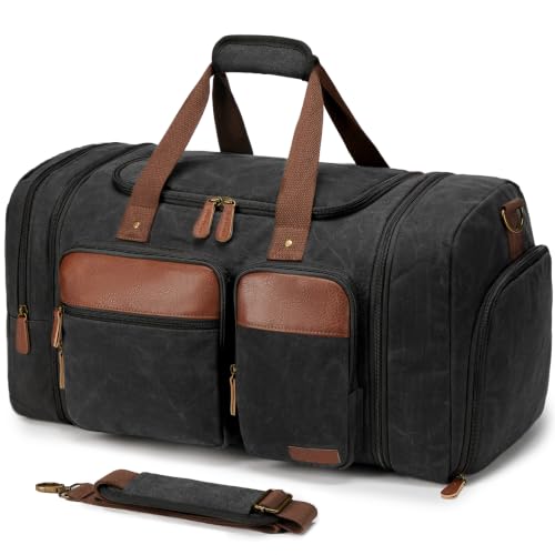 Waxed Canvas Duffle Bag for Travel 50L Expandable, Dark Grey | Travel Duffel Bags for Men Women, Overnight Weekend Gym Bag with Shoes Compartment - color: Waxed Dark Grey, size: Large 50 L