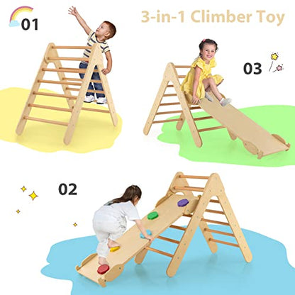 OLAKIDS Pikler Triangle Set 3 in 1 Climbing Toys for Toddlers Wood Montessori Baby Jungle Gym with Ramp Ladder Slide Kids Indoor Playground Activity Play Structure - color: Wooden