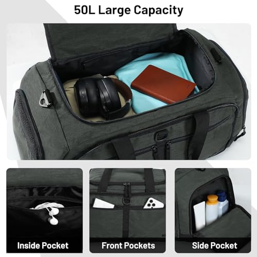 MIER Packable Travel Duffle Bag with Shoe Compartment, 50L, Green Gray | Foldable Weekender Duffel; Multi-Pockets; Adjustable Shoulder Strap; Luggage Sleeve; Travel, Sports, Camping, Gym - color: Green Gray, size: 50L