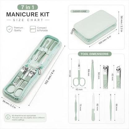 7Pcs Light Green Nail Care Kit, Professional Stainless Steel Manicure Pedicure Set, Travel Grooming Essentials in Zipper Pack for Purse or Suitcase